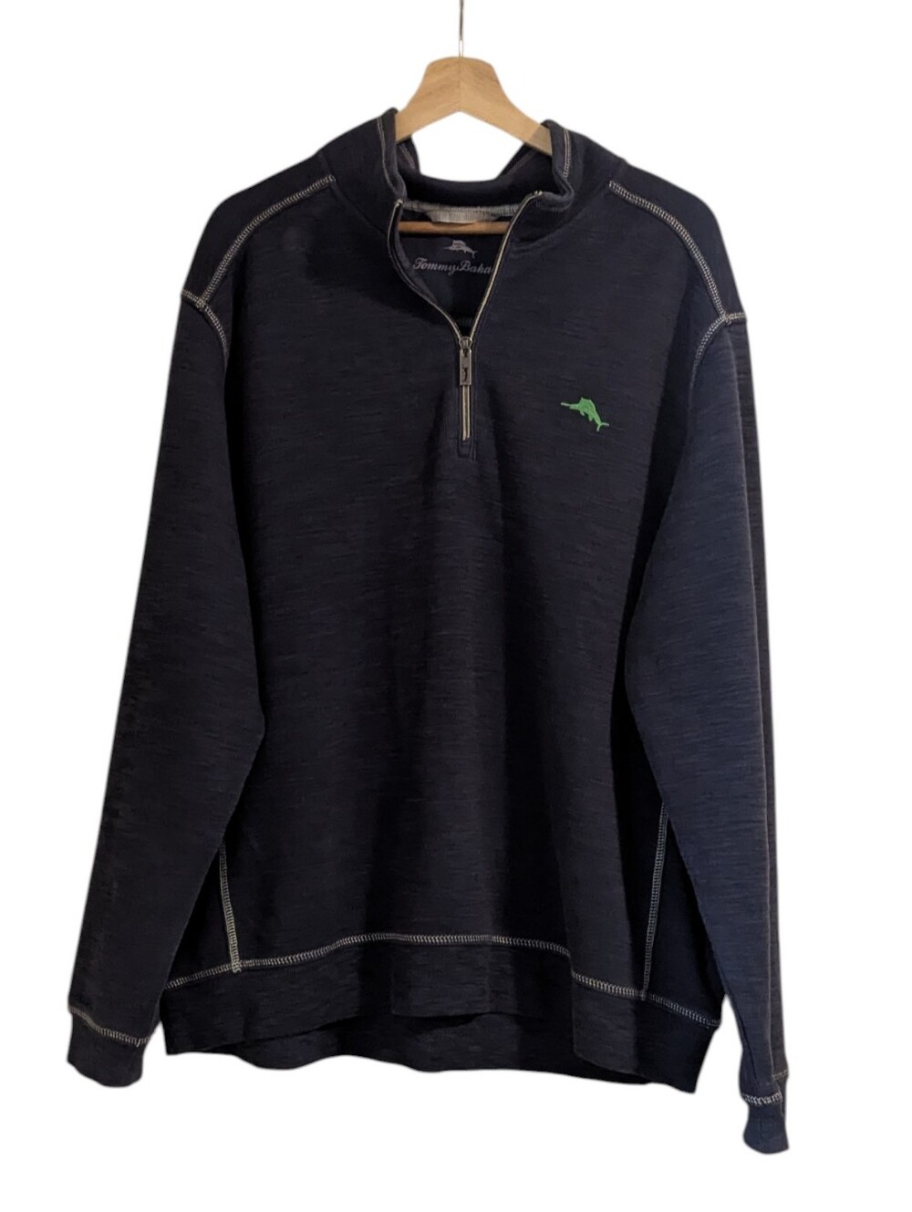 Tommy Bahama Men’s Black Turtleneck Quarter-Zip Sweater with Green Logo, XL